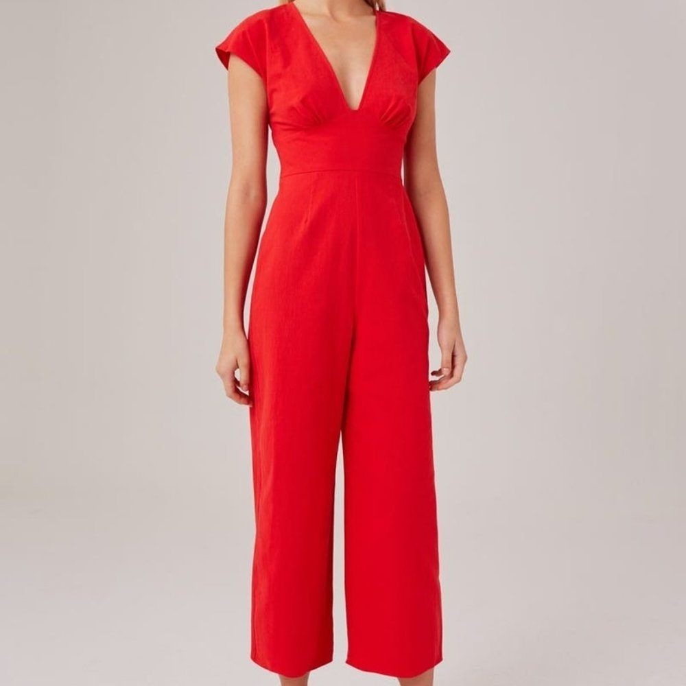 The Fifth Label ASAP Jumpsuit Scarlet Red Wide Leg Cotton V-Neck Crop Size 8 NWT